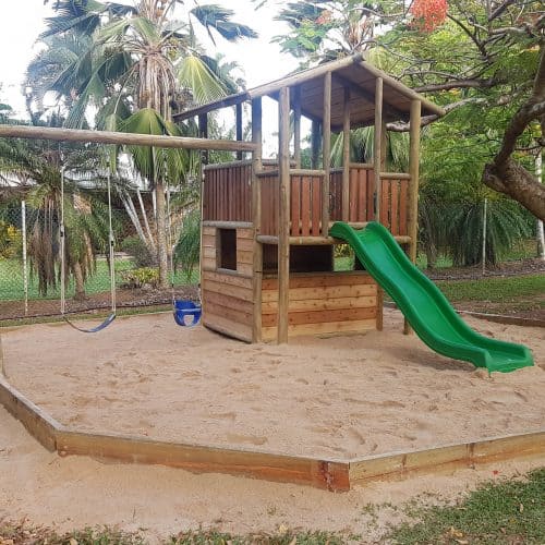 Grand Gazebos and Cubbies - Grand Double Decker Cubby with Slide and Climbing wall, swing, Sand pit