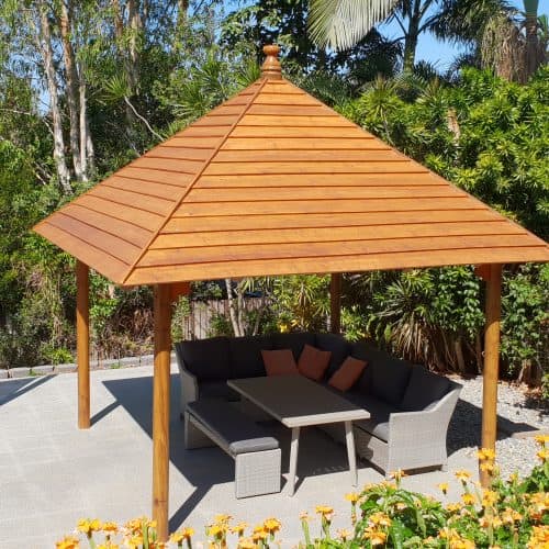 Grand Gazebos and Cubbies - 3.8m Hipped Pavilion on pavers and beside pool