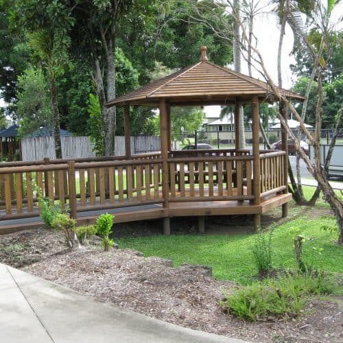 Grand Gazebos and Cubbies - 4.1m Gazebo - Painted Finish, 5 Handrails, Entry Bridge, Floor 2 Seats