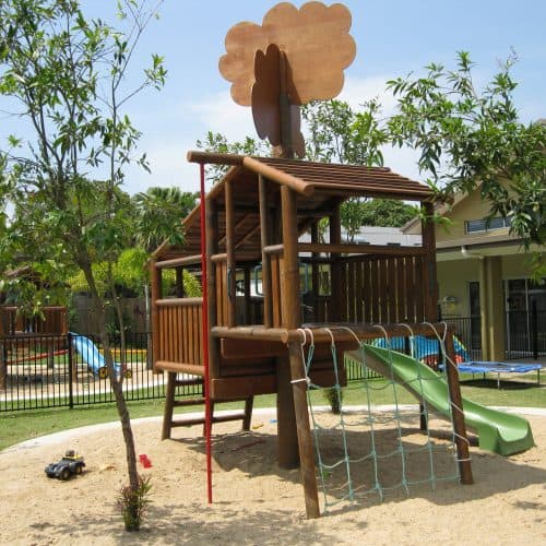 Grand Gazebos and Cubbies - Custom Tree House with slide and net 2