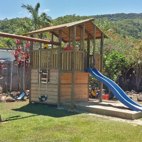 Grand Gazebos and Cubbies - Jarrah Cubby with Verandah Double Decker - With Double Swing Beam and Slide